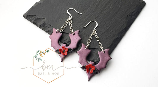 Bat Earrings - Red Flower