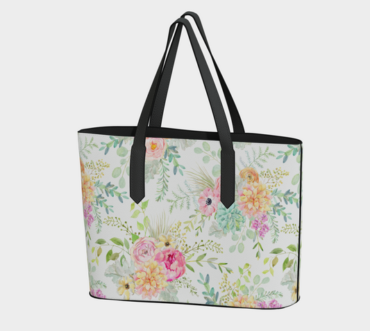 Watercolor Florals Vegan Leather Tote Bag